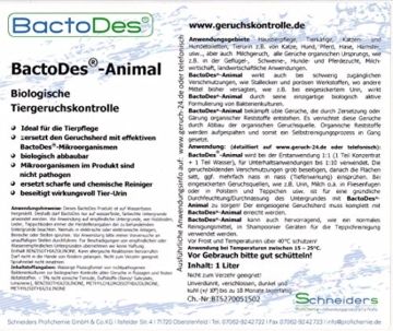 BactoDes Animal -1 Liter Geruchsentferner, Geruchskiller-Konzentrat zum Verdünnen (mind. 2L Gebrauchslösung) - inkl. Mischflasche - beseitigt Tieruringeruch, Katzenuringeruch, Tiergeruch, Katzenurin, Hundeurin, Kleintiergeruch, dauerhaft - ein echter Geruchsvernichter für die dauerhafte Geruchsbeseitigung - 